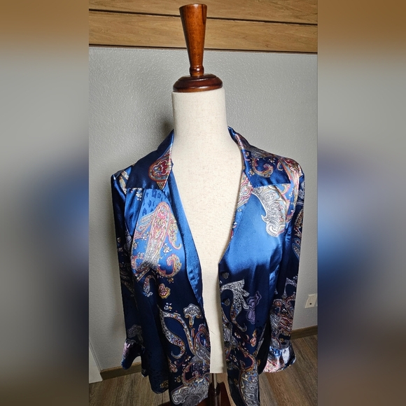 Spense Paisley Satin Blouse - Blue pink Ruffle Statement Sleeve Button Up Large - Picture 5 of 16